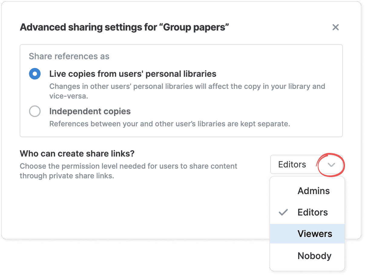 The “Advanced sharing settings for ‘Group papers’” dialog with the circled “Who can create share links?” dropdown open on Admins, Editors (ticked), Viewers and Nobody.